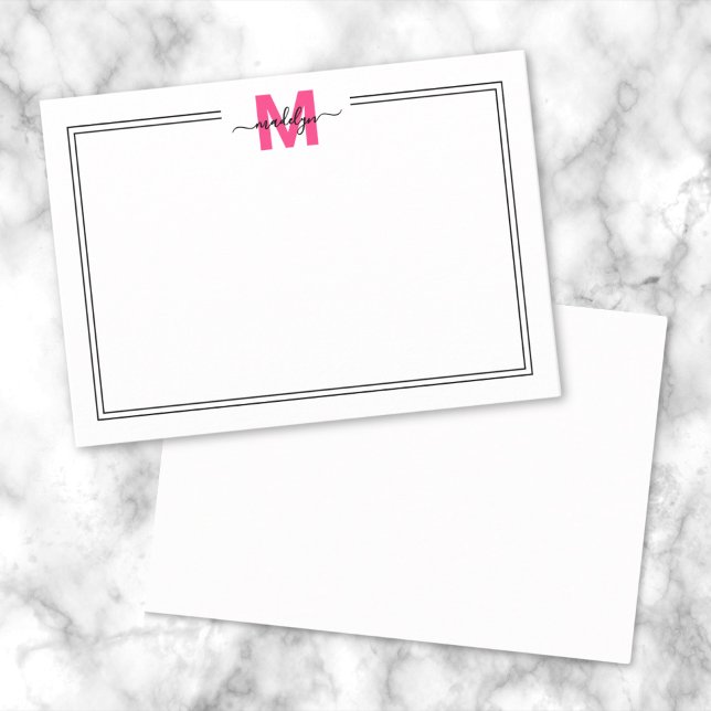 Bright Pink Script Name Monogram Card (Minimalist Pink Script Name Monogram Note Card)