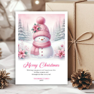 Bright pink snowman Christmas kids greeting card  
