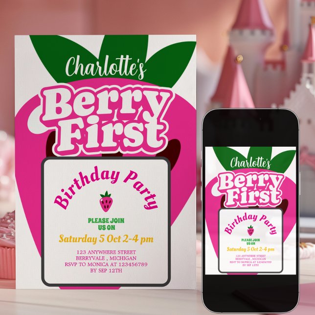 Bright Pink Strawberry Berry First Birthday Invitation (Creator Uploaded)