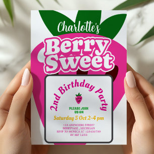 Bright Pink Strawberry Berry Sweet Birthday Invitation