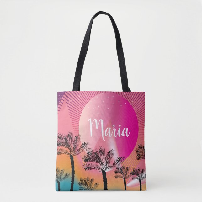 Bright Pink Summer Tropical Sunset Palm Tree Art Tote Bag (Front)
