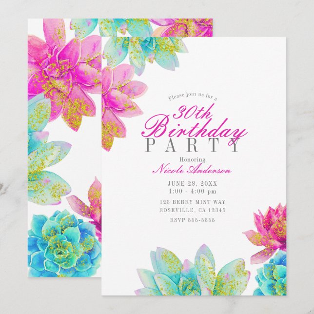 Bright Pink Teal Garden Succulents Birthday Party  Invitation (Front/Back)