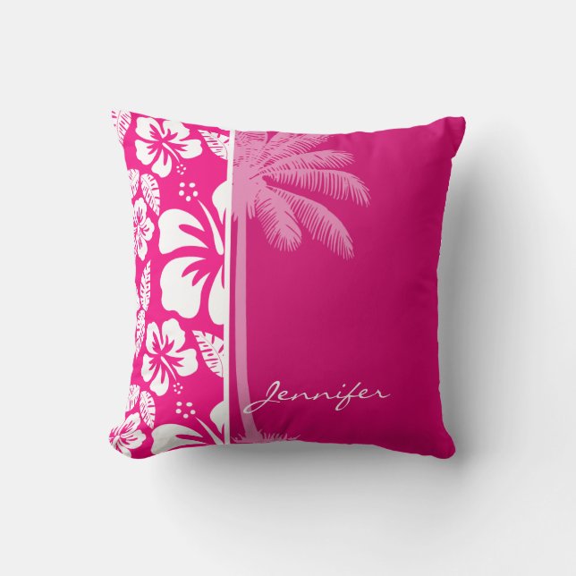 Bright Pink Tropical Hibiscus Cushion (Front)