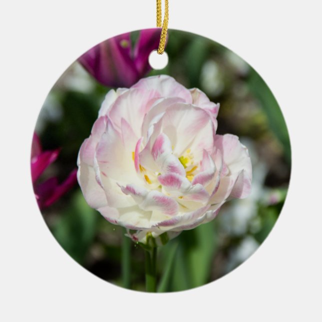 Bright pink tulips on a sunny day   ceramic tree decoration (Front)