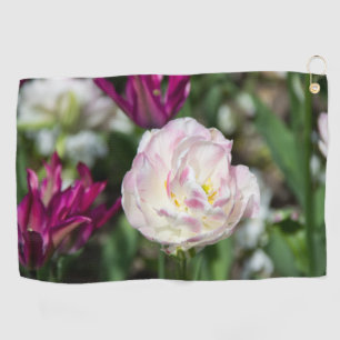 Bright pink tulips on a sunny day golf towel