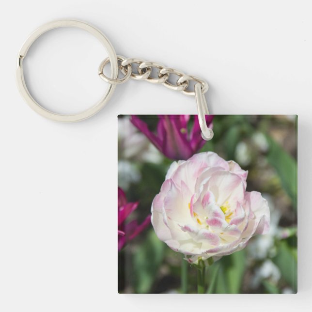 Bright pink tulips on a sunny day  key ring (Front)