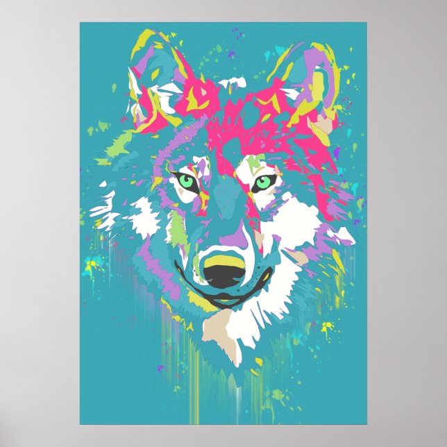 Bright pink turquoise modern artistic bold wolf poster (Front)