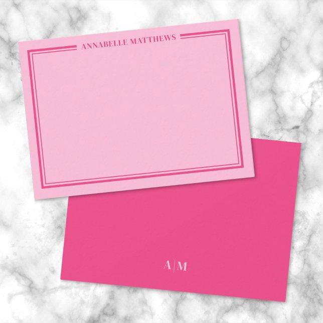 Bright Pink Two Border Minimalist Monogram Card (Pink Two Border Minimalist Name Monogram Note Card)