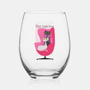 Bright Pink Vintage chair Two elegant Cats Stemless Wine Glass