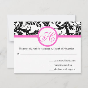 Bright Pink Vintage Damask Swirl Wedding RSVP