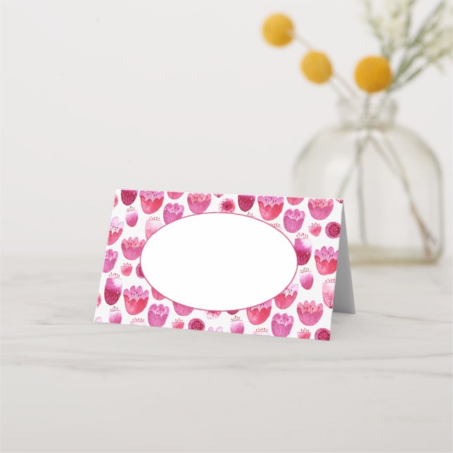 Bright Pink Watercolor Blossom Wedding Place Card (Front)