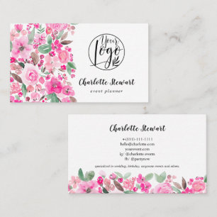 Bright pink watercolor event planner logo business card