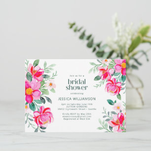 Bright Pink Watercolor Floral Border Bridal Shower Invitation