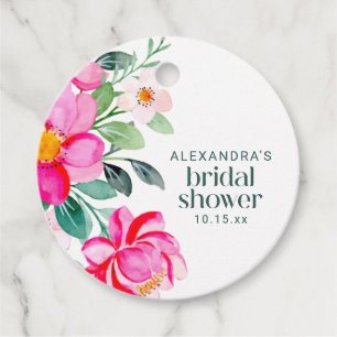 Bright Pink Watercolor Floral Bridal Shower Custom Favour Tags