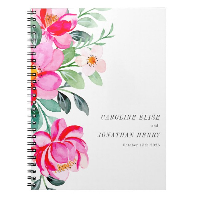 Bright Pink Watercolor Floral Custom Wedding Notebook (Front)