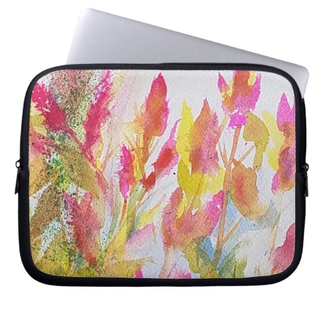 Bright Pink Watercolor Floral Design Laptop Sleeve (Front)