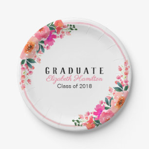 Bright Pink Watercolor Floral Graduation Party Paper Plate