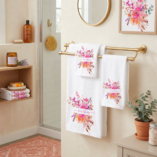 Bright pink watercolor floral personalised bath towel set