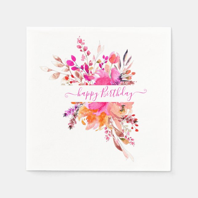 Bright pink watercolor floral personalised   napkin (Front)