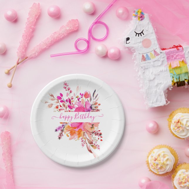 Bright pink watercolor floral personalised   paper plate (Party)
