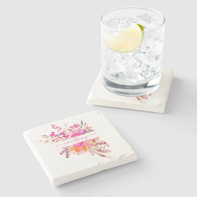 Bright pink watercolor floral personalised   stone coaster (Side)