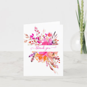Bright pink watercolor floral personalised thank you card