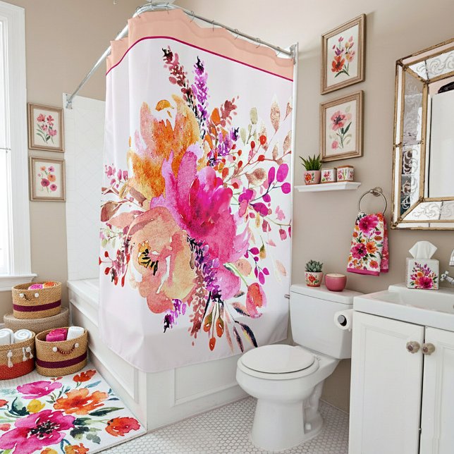 Bright pink watercolor floral shower curtain (Creator Uploaded)