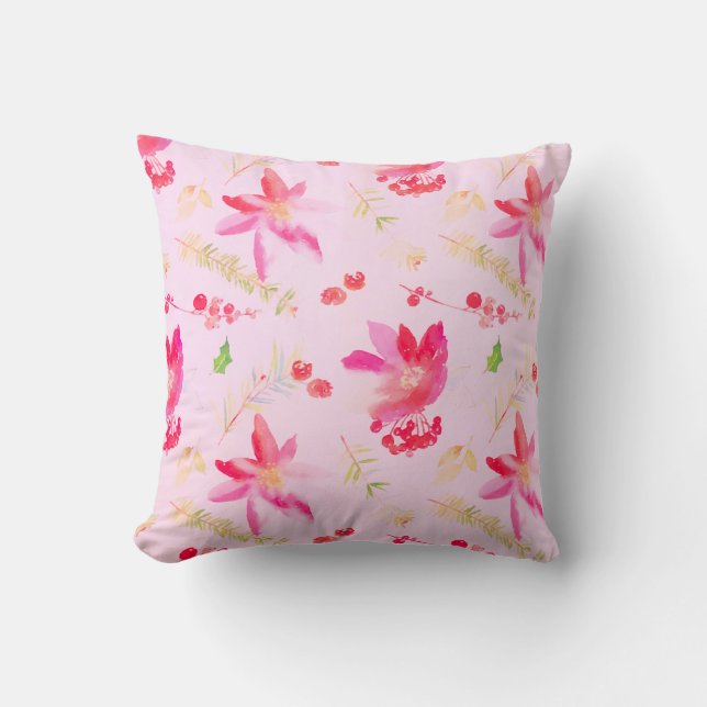 Bright Pink Watercolor Flowers Cushion (Front)