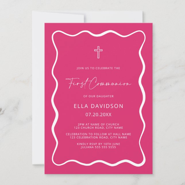 Bright Pink Wavy Communion Invites (Front)