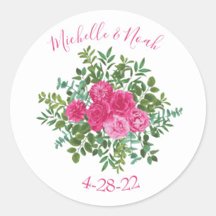 Bright Pink Wedding Roses Floral Modern Classic Round Sticker