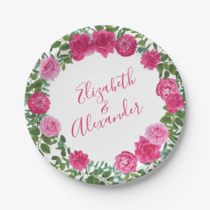 Bright Pink Wedding Roses Floral Modern Paper Plate