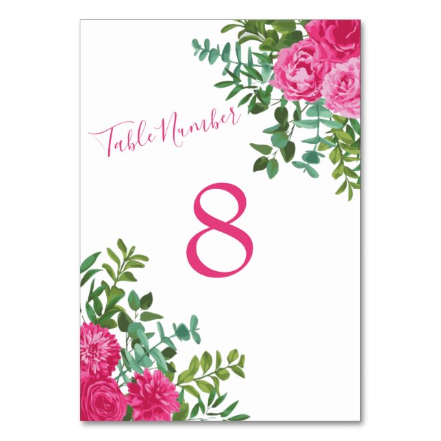 Bright Pink Wedding Roses Floral Modern Table Number (Back)