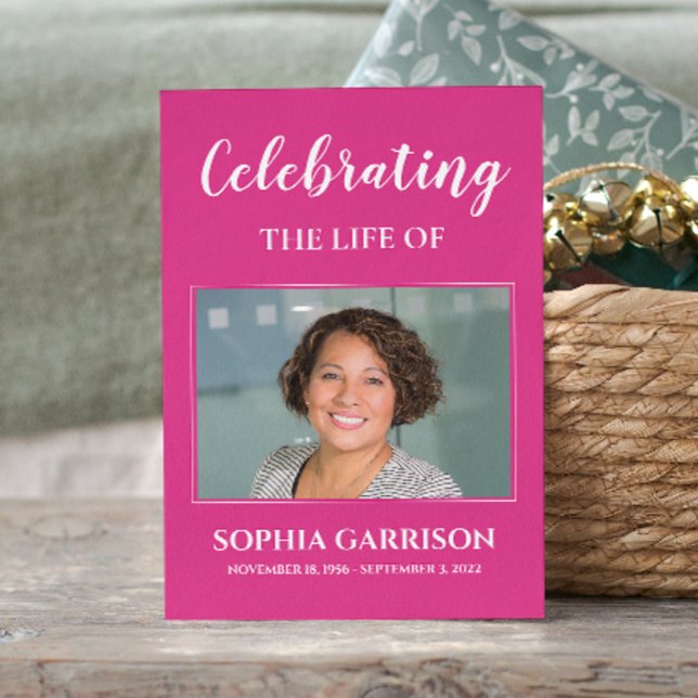 Bright Pink White Funeral Prayer Card with Photo (Creator Uploaded)