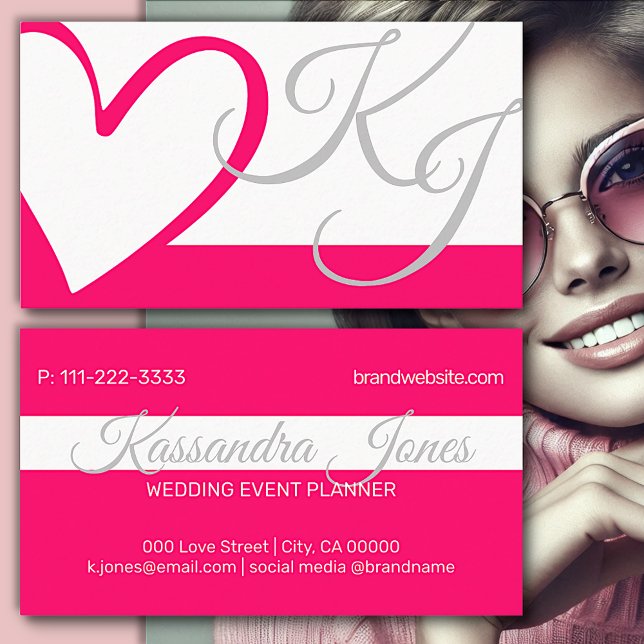 Bright Pink White Girly Heart Calligraphy Monogram Business Card (Creator Uploaded)