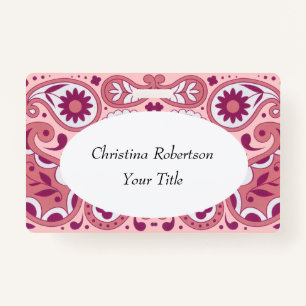 Bright Pink White Paisley Design Flowers Tear Drop ID Badge