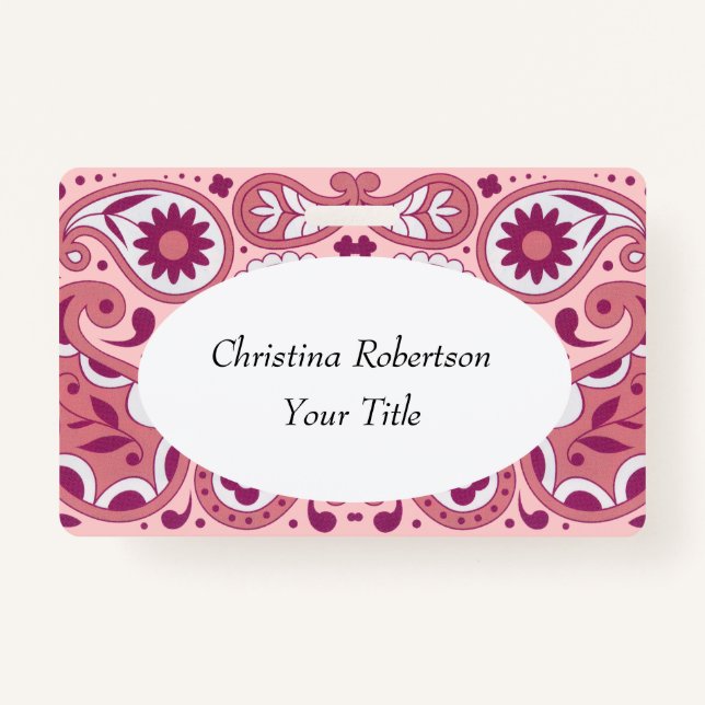 Bright Pink White Paisley Design Flowers Tear Drop ID Badge (Front)