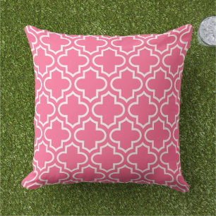 Bright Pink White Quatrefoil Trellis Cushion