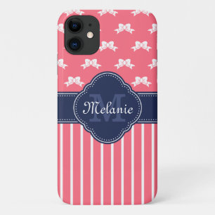 Bright Pink Wht Ribbon Pattern Navy Monogram Case-Mate iPhone Case