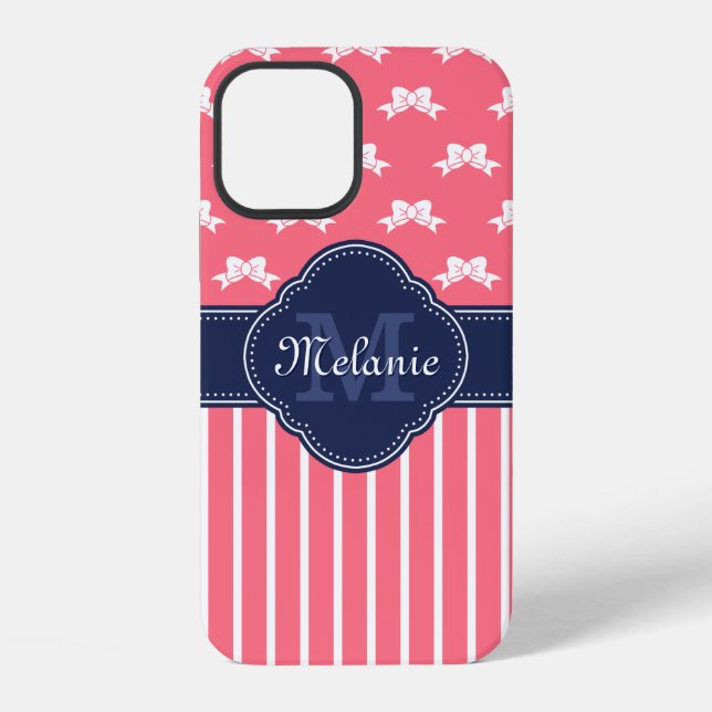 Bright Pink Wht Ribbon Pattern Navy Monogram iPhone Case (Back)