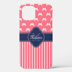 Bright Pink Wht Ribbon Pattern Navy Monogram iPhone 12 Case