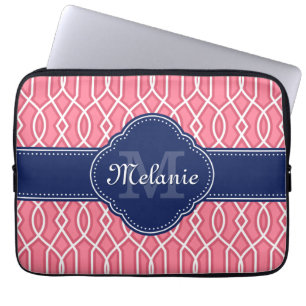 Bright Pink Wht Trellis Pattern Navy Monogram Laptop Sleeve