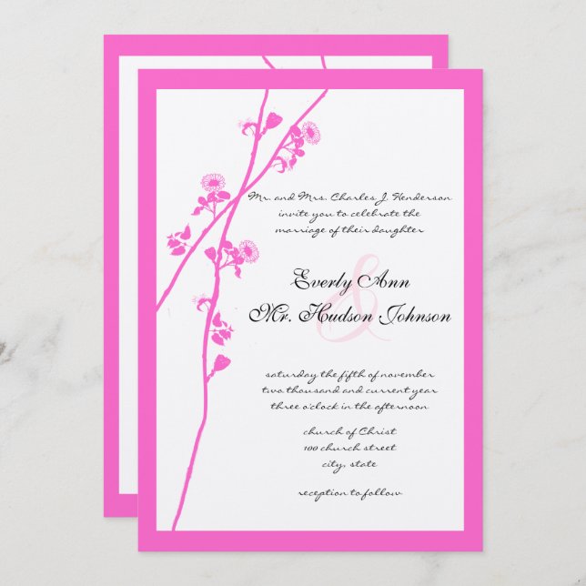 Bright Pink Wild Flower Branch Wedding Invitation (Front/Back)