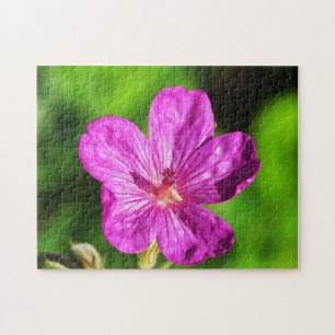 Bright Pink Wildflower Blooming Green Grass Jigsaw Puzzle