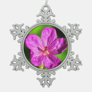 Bright Pink Wildflower Blooming Green Grass Snowflake Pewter Christmas Ornament