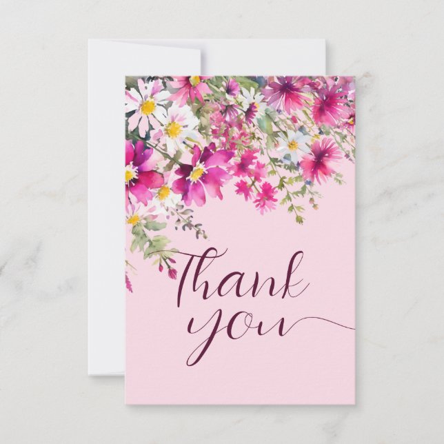Bright Pink Wildflowers Boho Floral Elegant Script Card (Front)