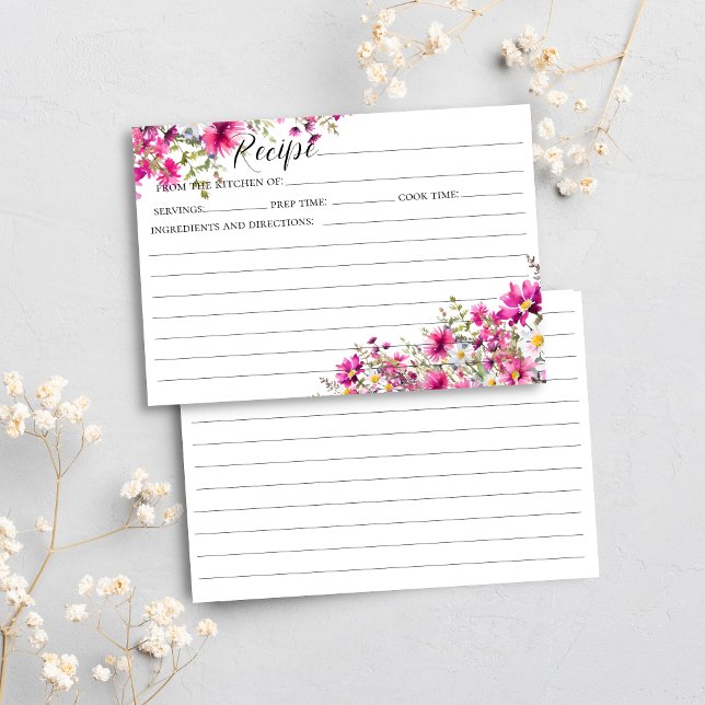 Bright Pink Wildflowers Bridal Shower Recipe Card (Creator Uploaded)