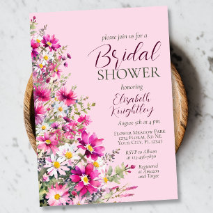 Bright Pink Wildflowers Floral Boho Bridal Shower Invitation