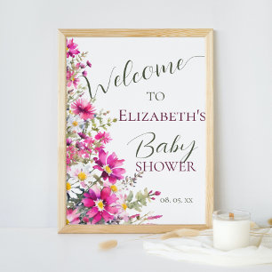 Bright Pink Wildflowers Floral Boho Script Welcome Poster