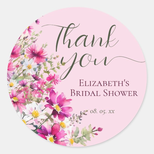 Bright Pink Wildflowers Floral Script Thank You Classic Round Sticker (Front)