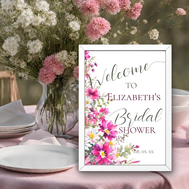 Bright Pink Wildflowers Floral Script Welcome Sign (Creator Uploaded)